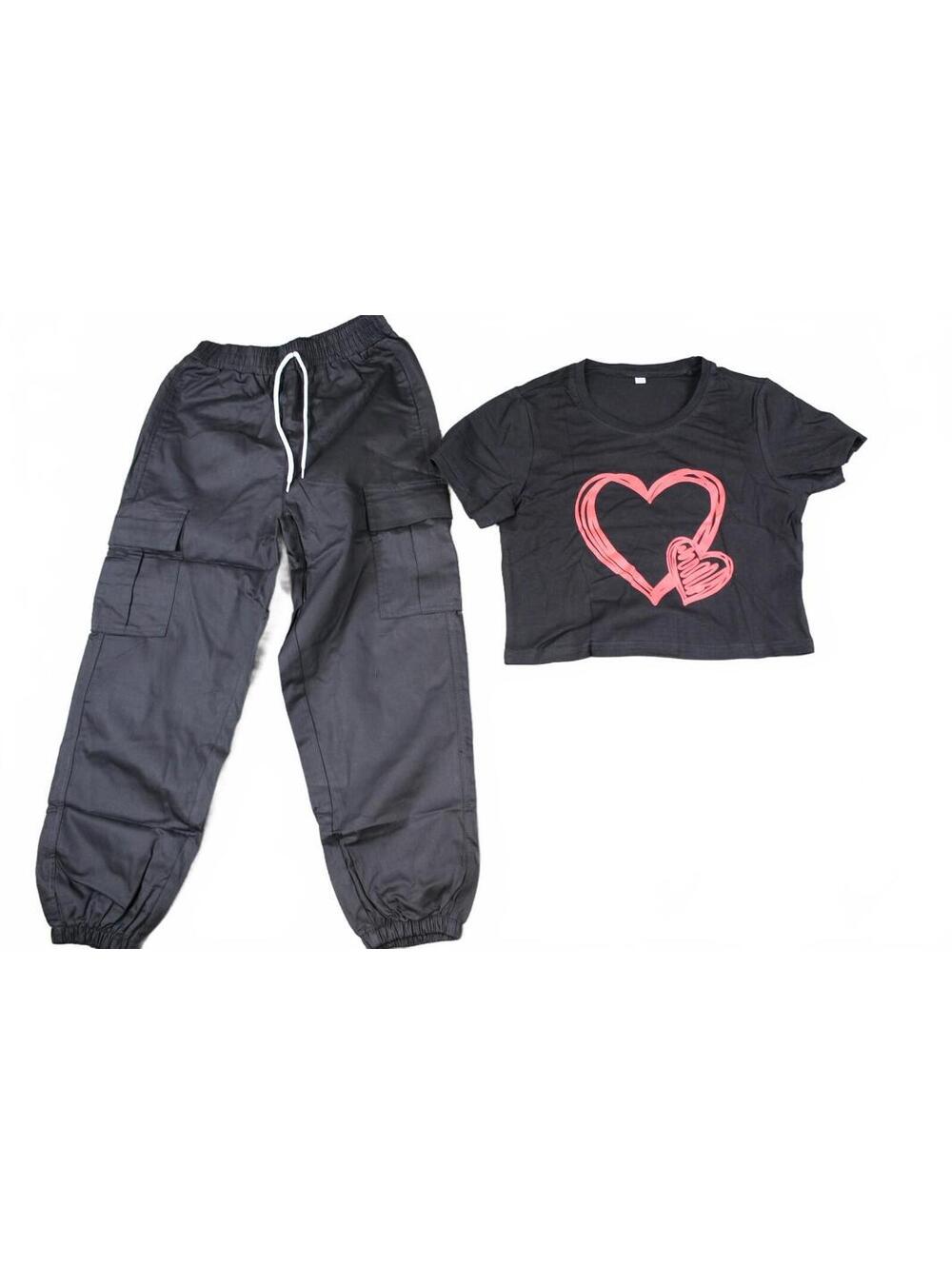 Charcoal Heart Crop Top & Cargo Jogger Pants Set Size 140